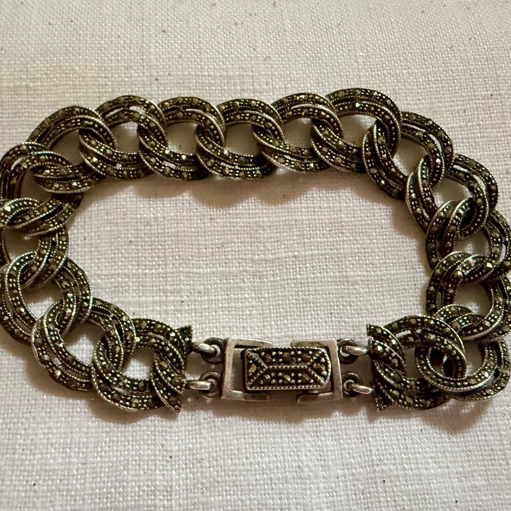 Marcasite Sterling Double Curb Link Bracelet FAS 925 Stamp